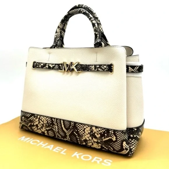 Michael Kors Reed Large Belted Satchel Crossbody Bag Light Cream Snakeskin - Picture 2 of 11
